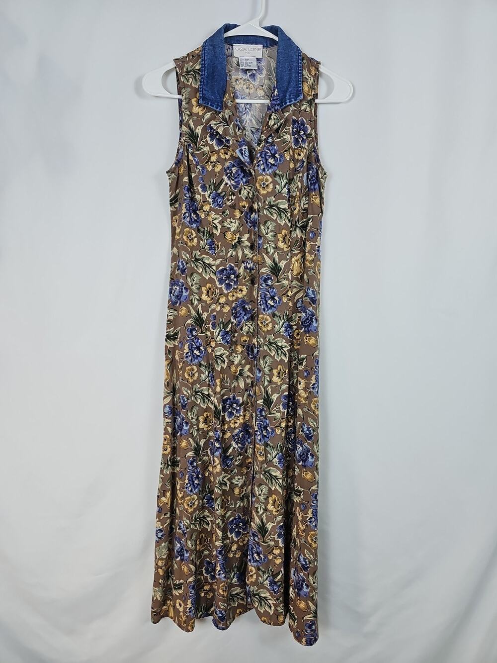 Casual Corner Button Down Floral Maxi Cottage Prairie Dress Tie Waist, Sz 7/8